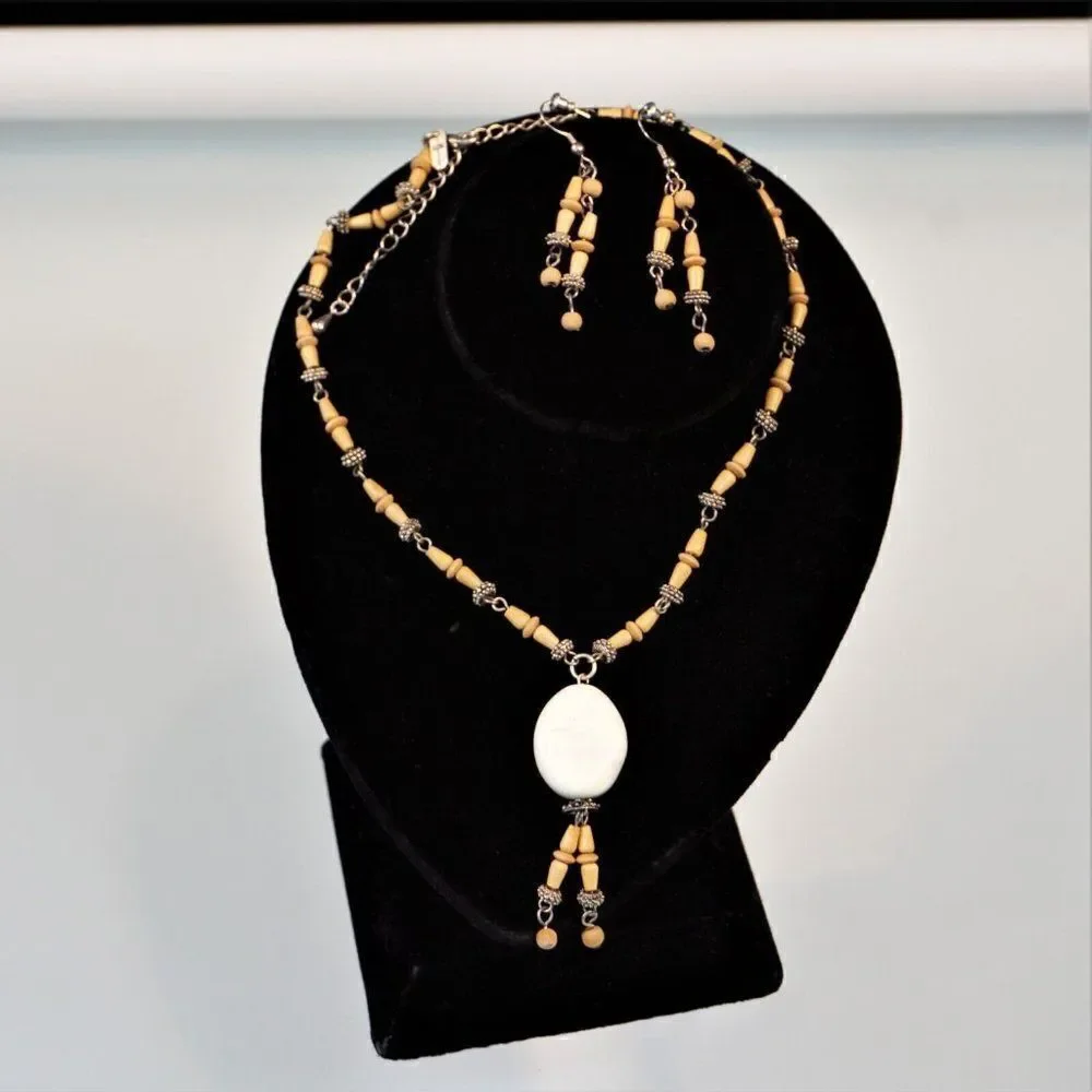 Boho Festival Necklace Earring Set Wood Silver Beads Christina Collection